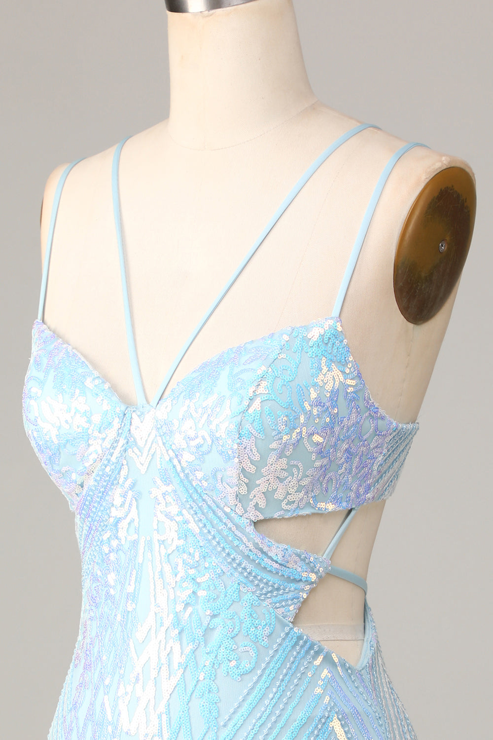 Stunning Bodycon Spaghetti Straps Blue Sequins Short Ball Dress