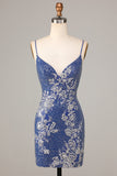 Dark Blue Sparkly Sheath Spaghetti Straps Short Homecoming Dress with Embroidery