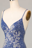 Dark Blue Sparkly Sheath Spaghetti Straps Short Homecoming Dress with Embroidery