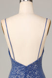 Dark Blue Sparkly Sheath Spaghetti Straps Short Homecoming Dress with Embroidery
