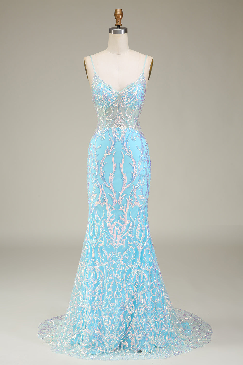 Blue Mermaid Spaghetti Straps Sparkly Ball Dress