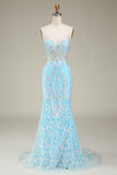 Blue Mermaid Spaghetti Straps Sparkly Ball Dress