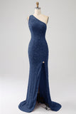 Sparkly Orange Mermaid One Shoulder Sequins Ball Dress with Slit