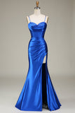 Royal Blue Mermaid Spaghetti Straps Long Ball Dress With Slit
