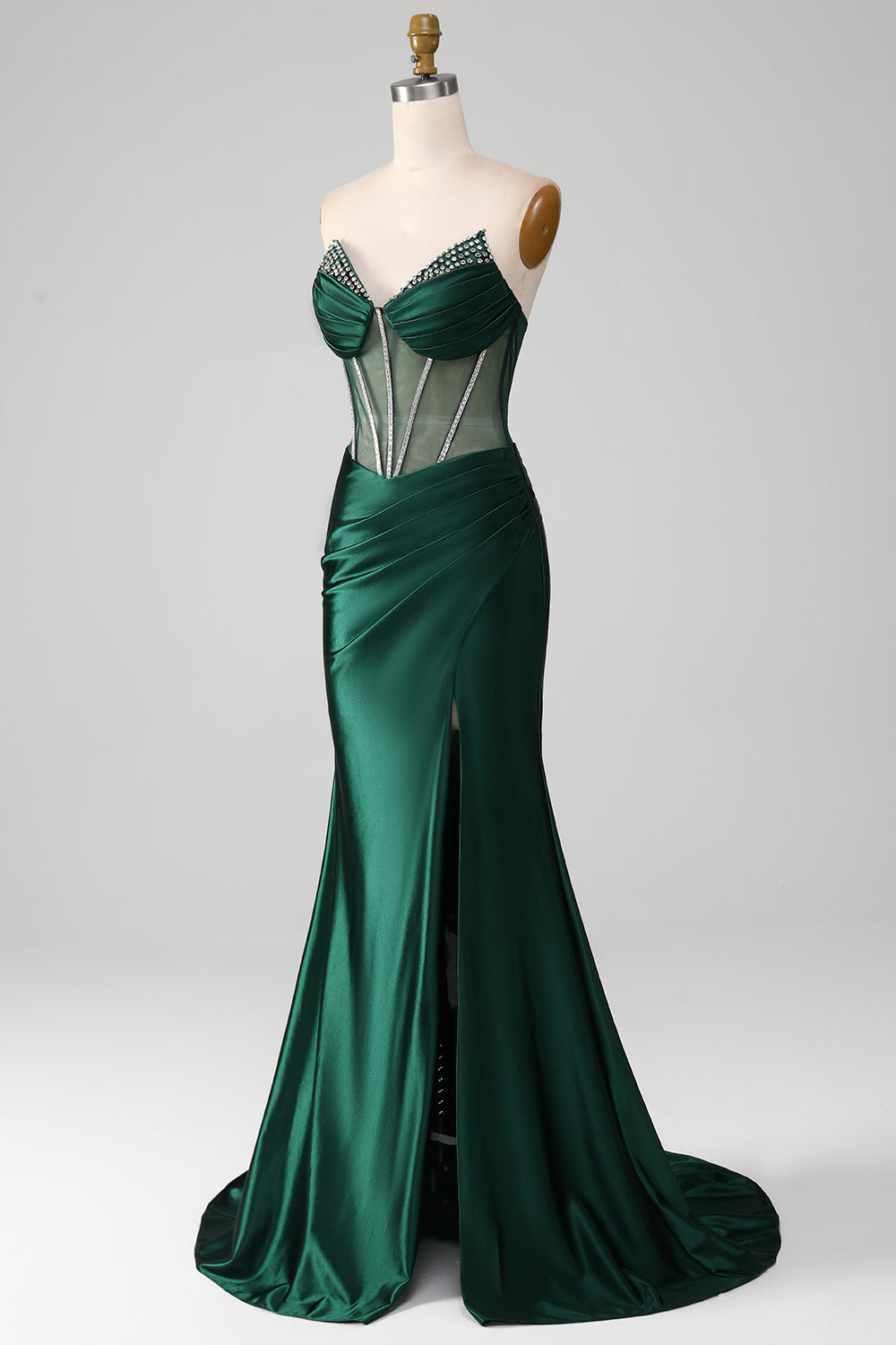 Dark Green Mermaid Strapless Corset Pleated Ball Dress