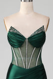 Dark Green Mermaid Strapless Corset Pleated Ball Dress