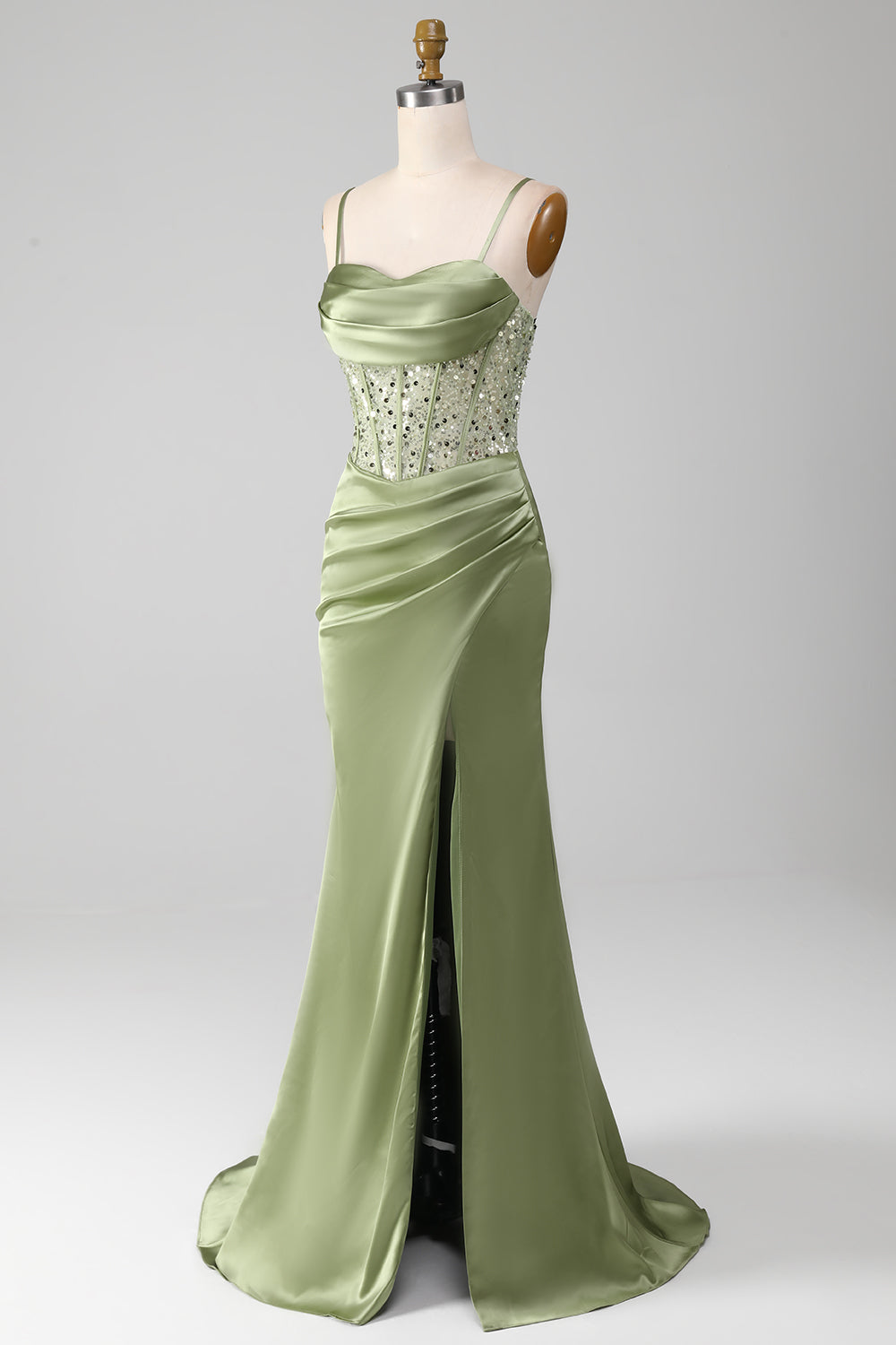 Sage Green Sequin Satin Pleated Mermaid Corset Ball Dress