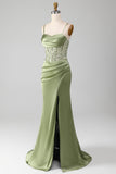 Sage Green Sequin Satin Pleated Mermaid Corset Ball Dress