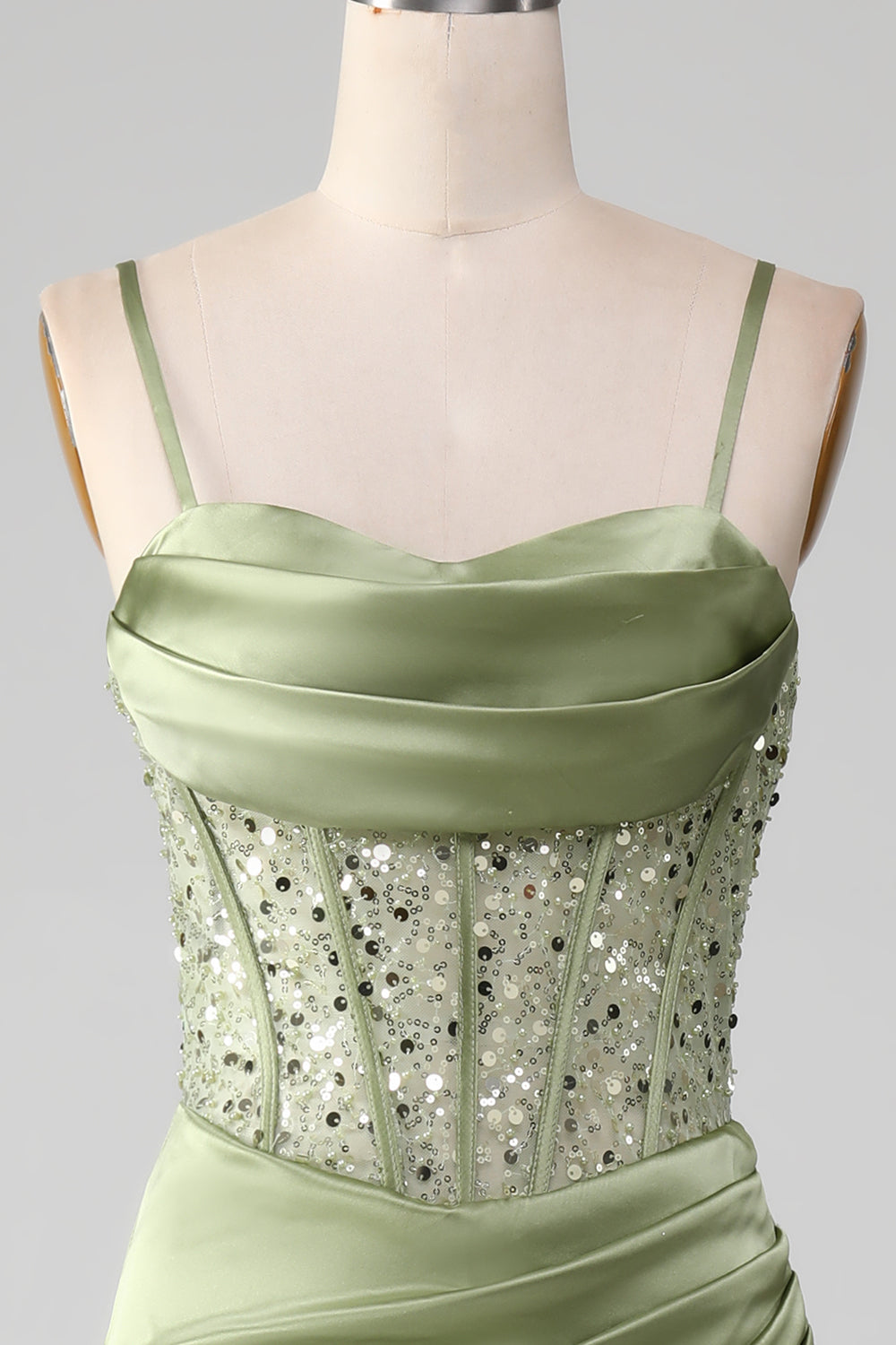 Sage Green Sequin Satin Pleated Mermaid Corset Ball Dress