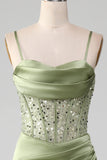 Sage Green Sequin Satin Pleated Mermaid Corset Ball Dress