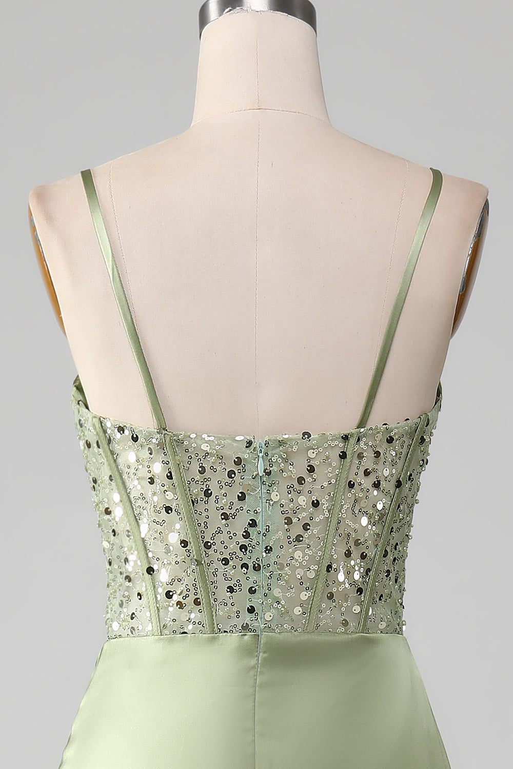 Sage Green Sequin Satin Pleated Mermaid Corset Ball Dress