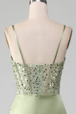 Sage Green Sequin Satin Pleated Mermaid Corset Ball Dress