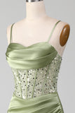 Sage Green Sequin Satin Pleated Mermaid Corset Ball Dress