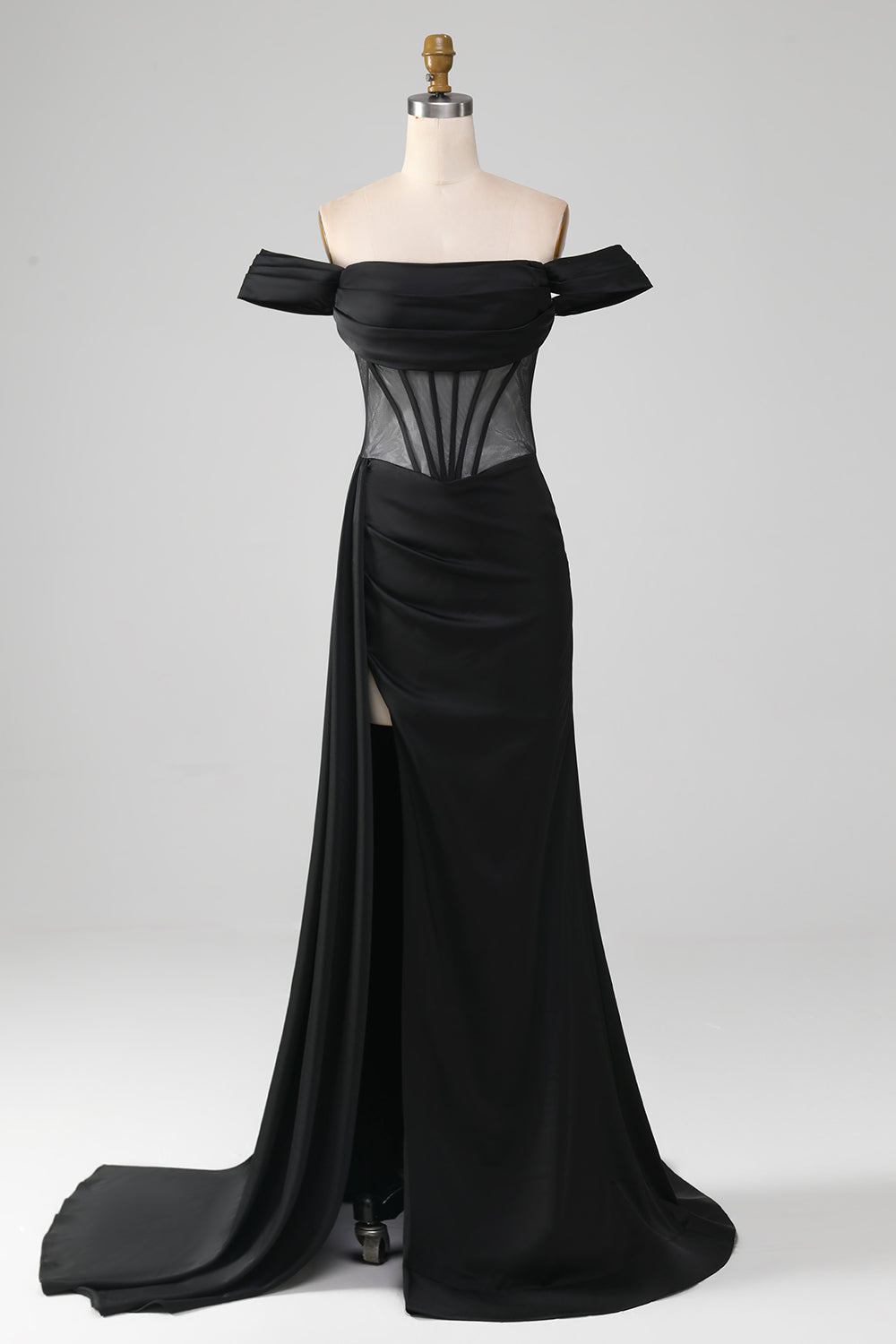 Black Off the Shoulder Satin Corset Mermaid Ball Dress with Slit