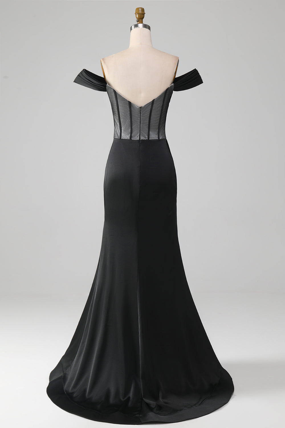Black Off the Shoulder Satin Corset Mermaid Ball Dress with Slit