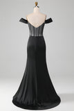 Black Off the Shoulder Satin Corset Mermaid Ball Dress with Slit