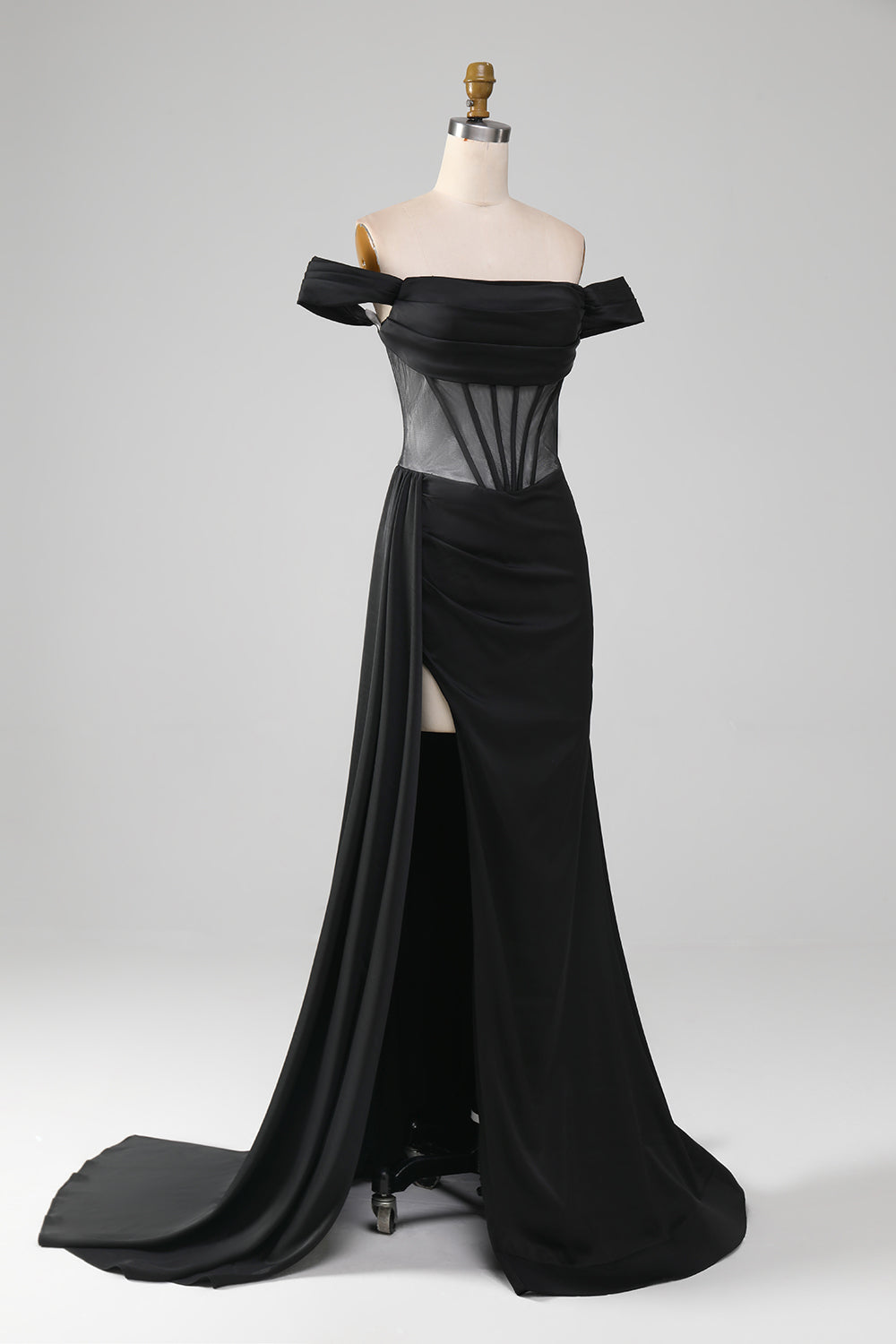 Black Off the Shoulder Satin Corset Mermaid Ball Dress with Slit