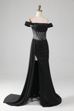 Black Off the Shoulder Satin Corset Mermaid Ball Dress with Slit