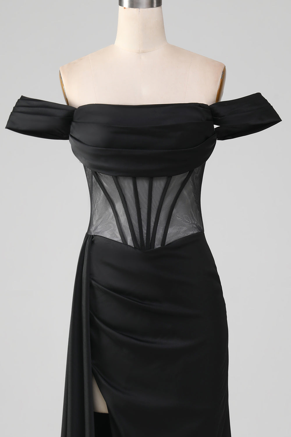 Black Off the Shoulder Satin Corset Mermaid Ball Dress with Slit
