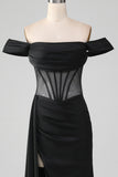 Black Off the Shoulder Satin Corset Mermaid Ball Dress with Slit