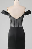 Black Off the Shoulder Satin Corset Mermaid Ball Dress with Slit