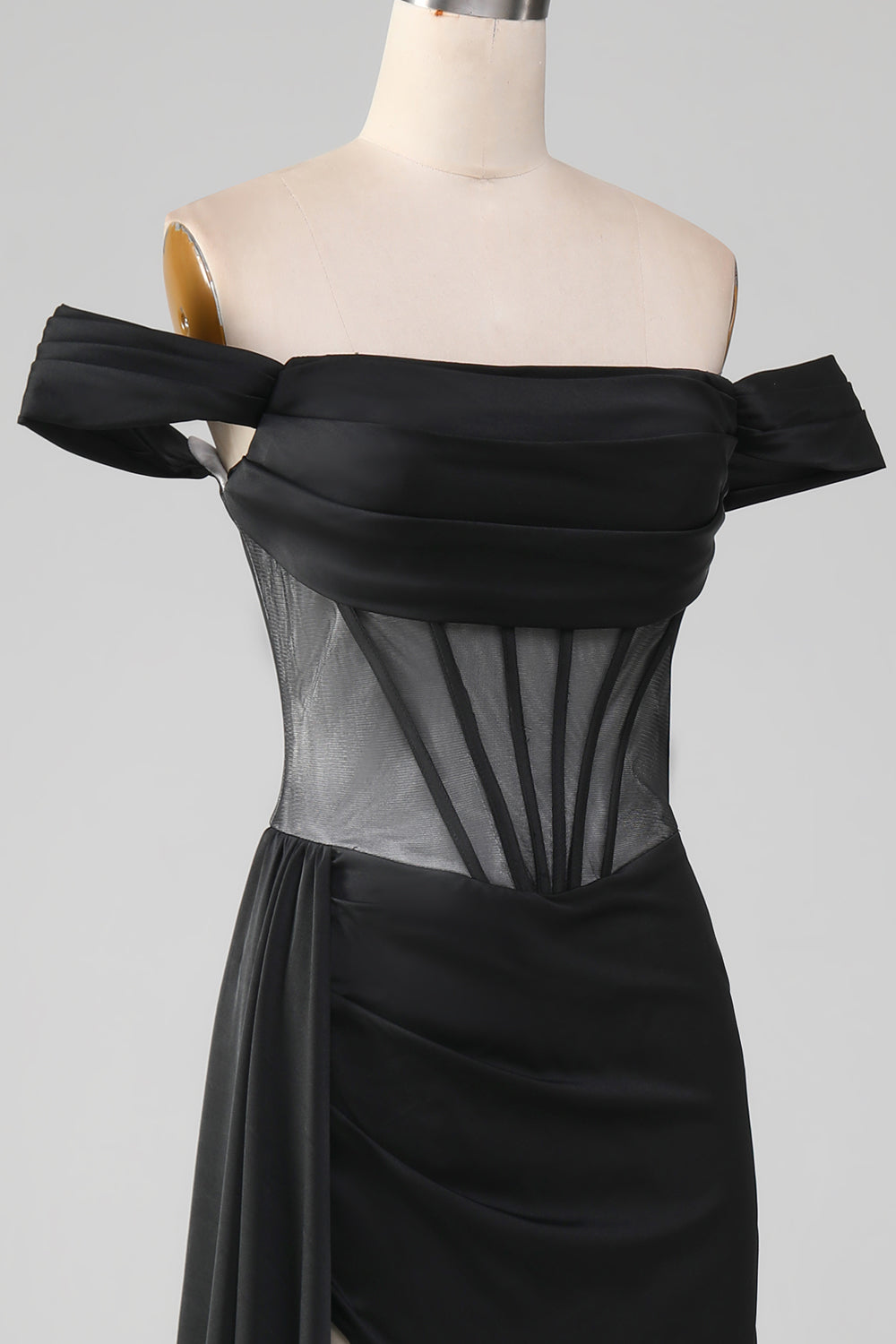 Black Off the Shoulder Satin Corset Mermaid Ball Dress with Slit