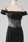 Black Off the Shoulder Satin Corset Mermaid Ball Dress with Slit