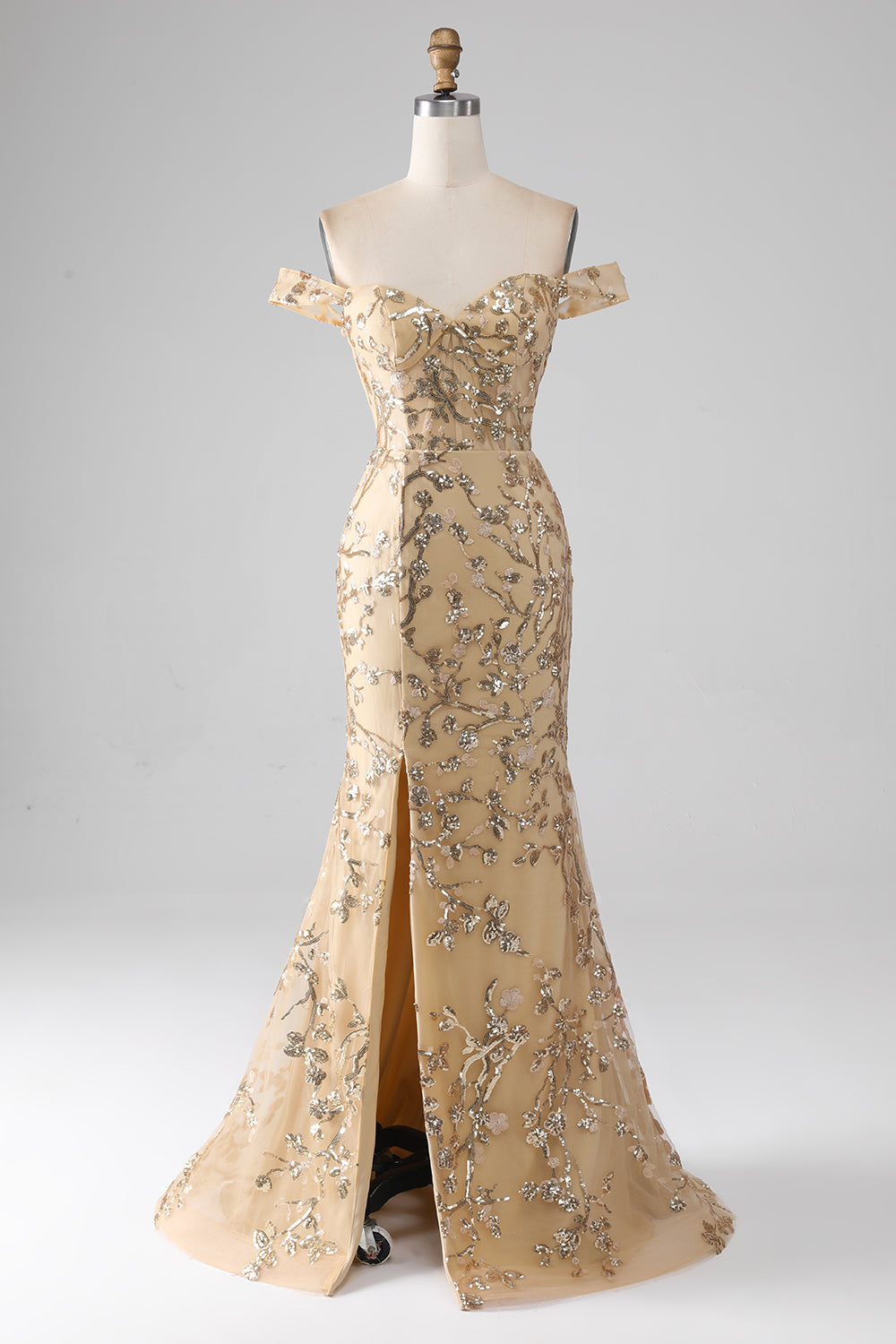 Mermaid Off The Shoulder Golden Long Beaded Ball Dress with Slit