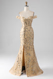 Mermaid Off The Shoulder Golden Long Beaded Ball Dress with Slit