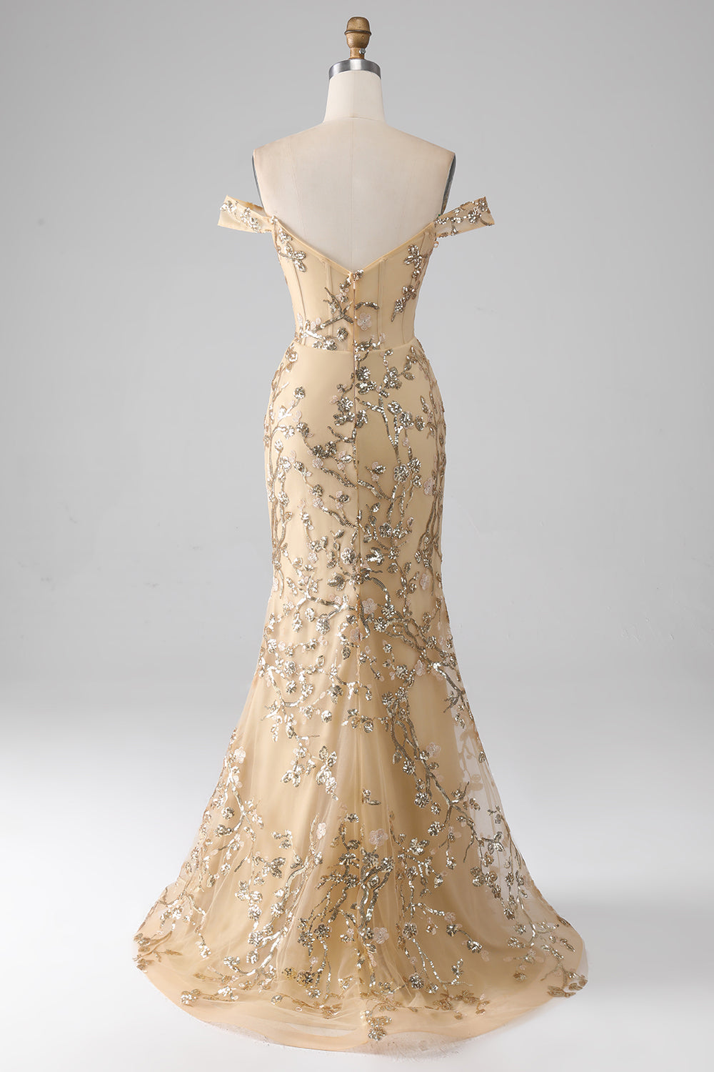 Mermaid Off The Shoulder Golden Long Beaded Ball Dress with Slit