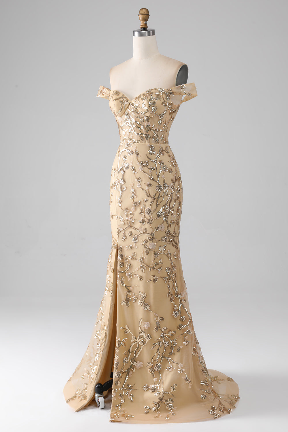 Mermaid Off The Shoulder Golden Long Beaded Ball Dress with Slit