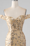 Mermaid Off The Shoulder Golden Long Beaded Ball Dress with Slit