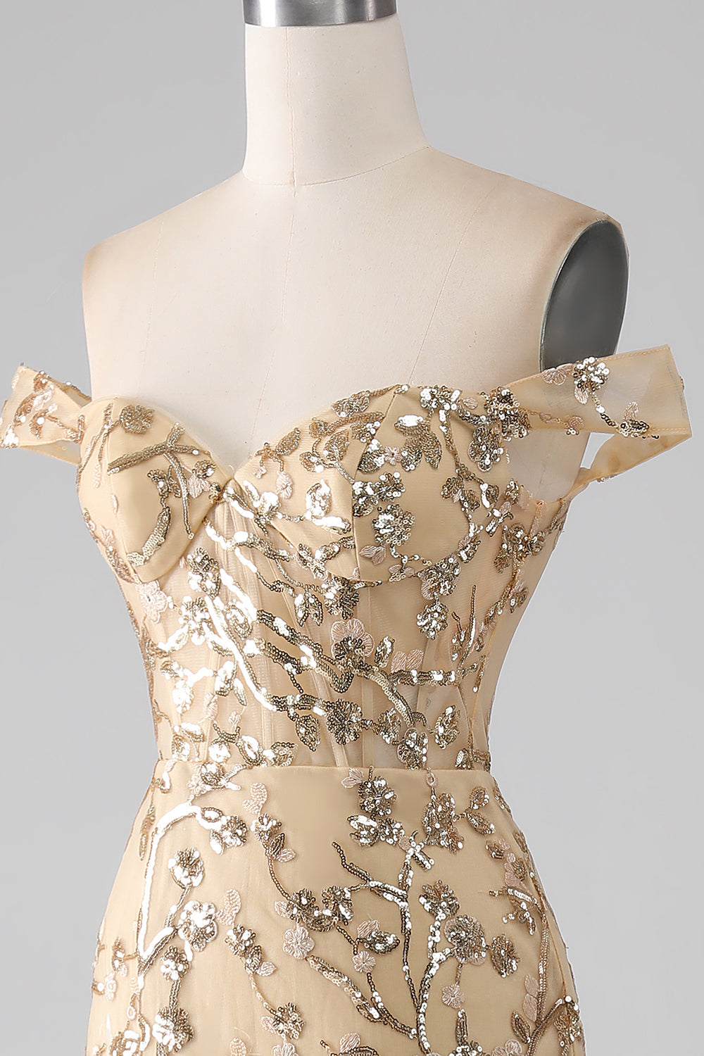 Mermaid Off The Shoulder Golden Long Beaded Ball Dress with Slit
