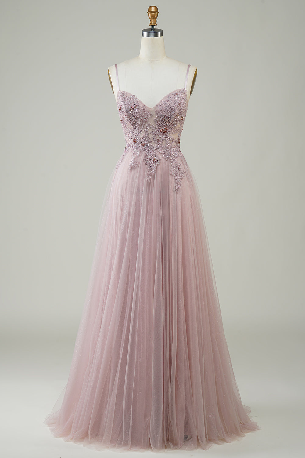 Sparkly Blush A-Line Tulle Long Ball Dress with Lace
