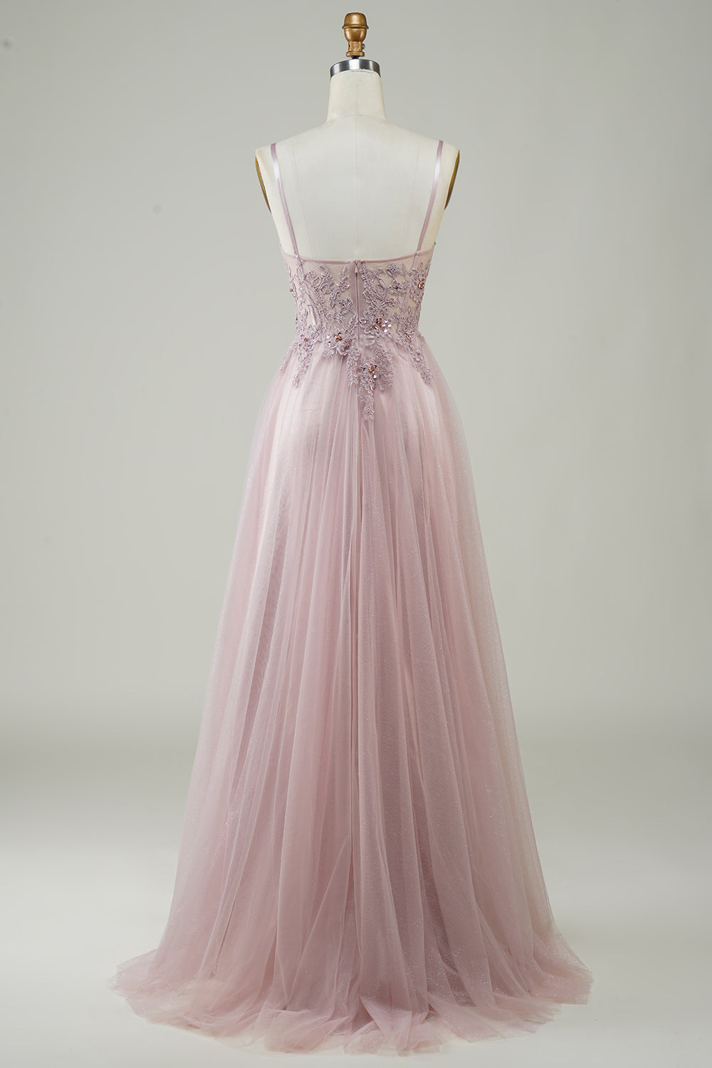 Sparkly Blush A-Line Tulle Long Ball Dress with Lace