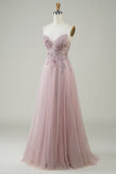 Sparkly Blush A-Line Tulle Long Ball Dress with Lace