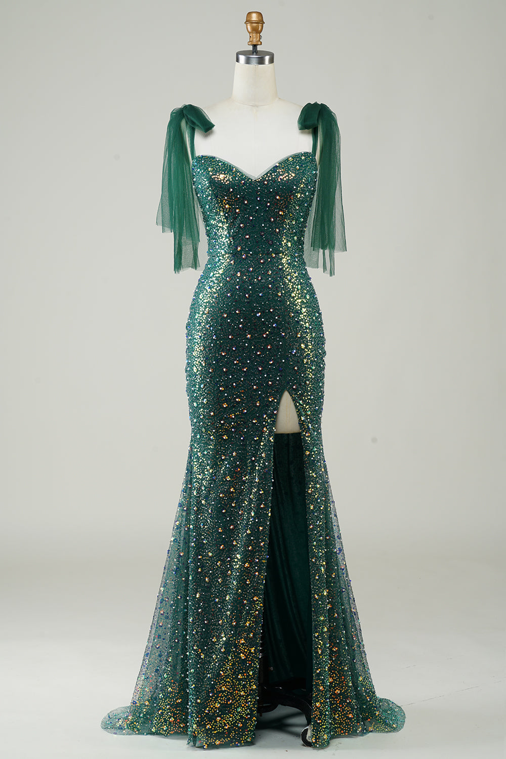 Sparkly Dark Green Mermaid Sequin Long Ball Dress with Slit