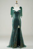 Sparkly Dark Green Mermaid Sequin Long Ball Dress with Slit