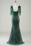 Sparkly Dark Green Mermaid Sequin Long Ball Dress with Slit