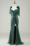 Sparkly Dark Green Mermaid Sequin Long Ball Dress with Slit