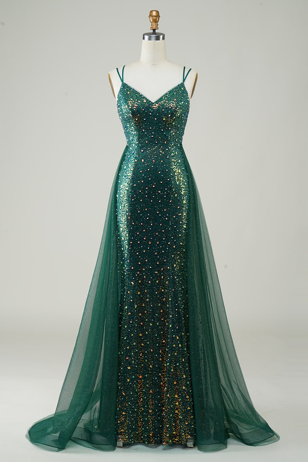 Sparkly Dark Green Beaded Long Ball Dress