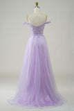 Purple Corset A-Line Long Tulle Ball Dress with Lace