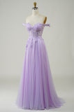 Purple Corset A-Line Long Tulle Ball Dress with Lace