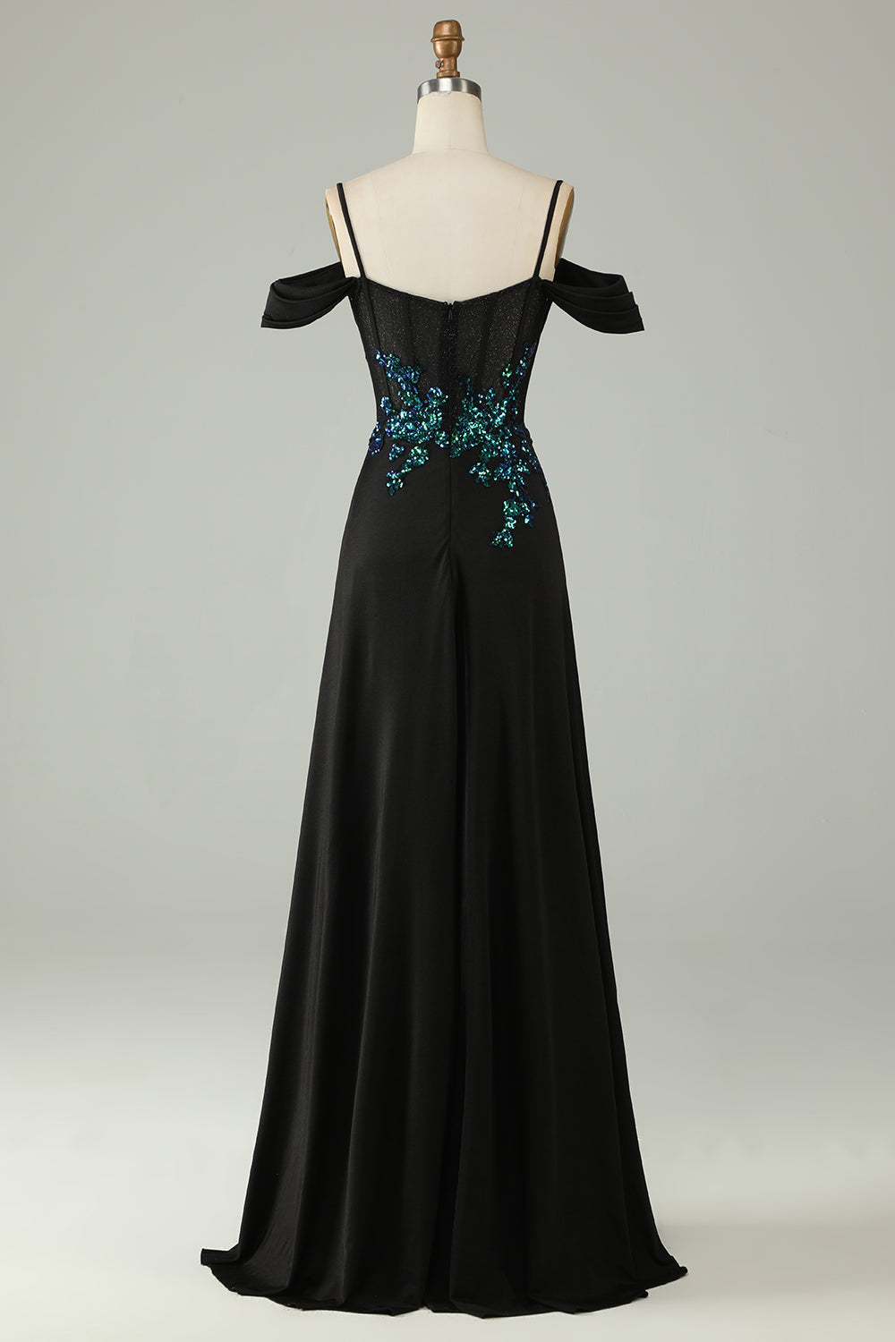 Cold Shoulder Black Sequins Corset Long Ball Dress