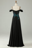 Cold Shoulder Black Sequins Corset Long Ball Dress