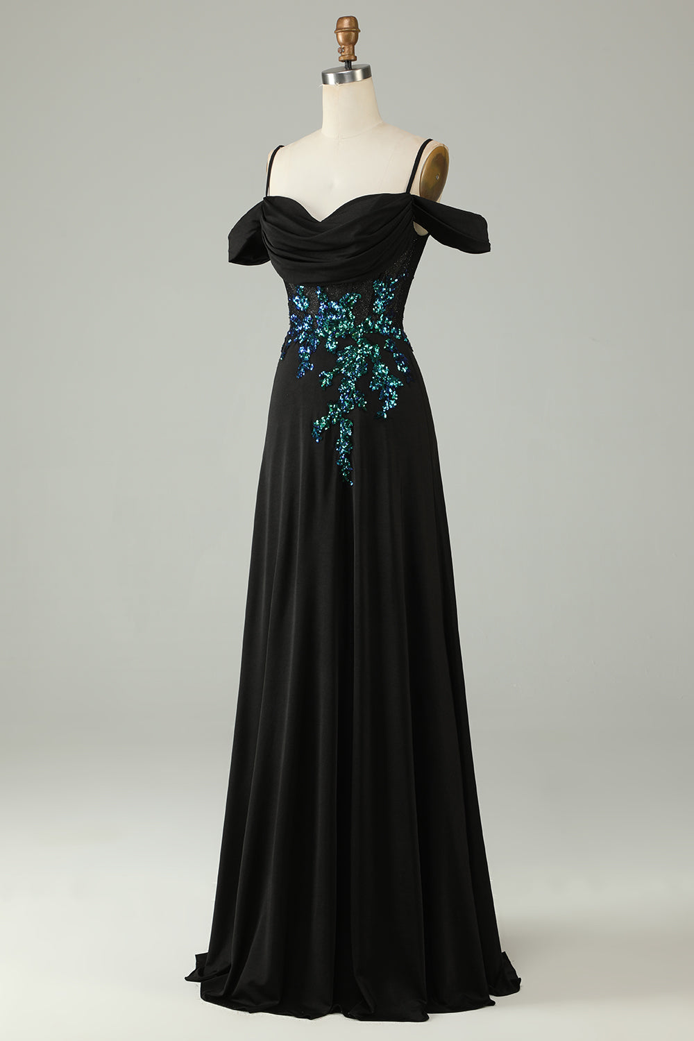 Cold Shoulder Black Sequins Corset Long Ball Dress