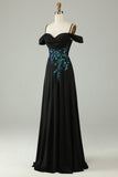 Cold Shoulder Black Sequins Corset Long Ball Dress
