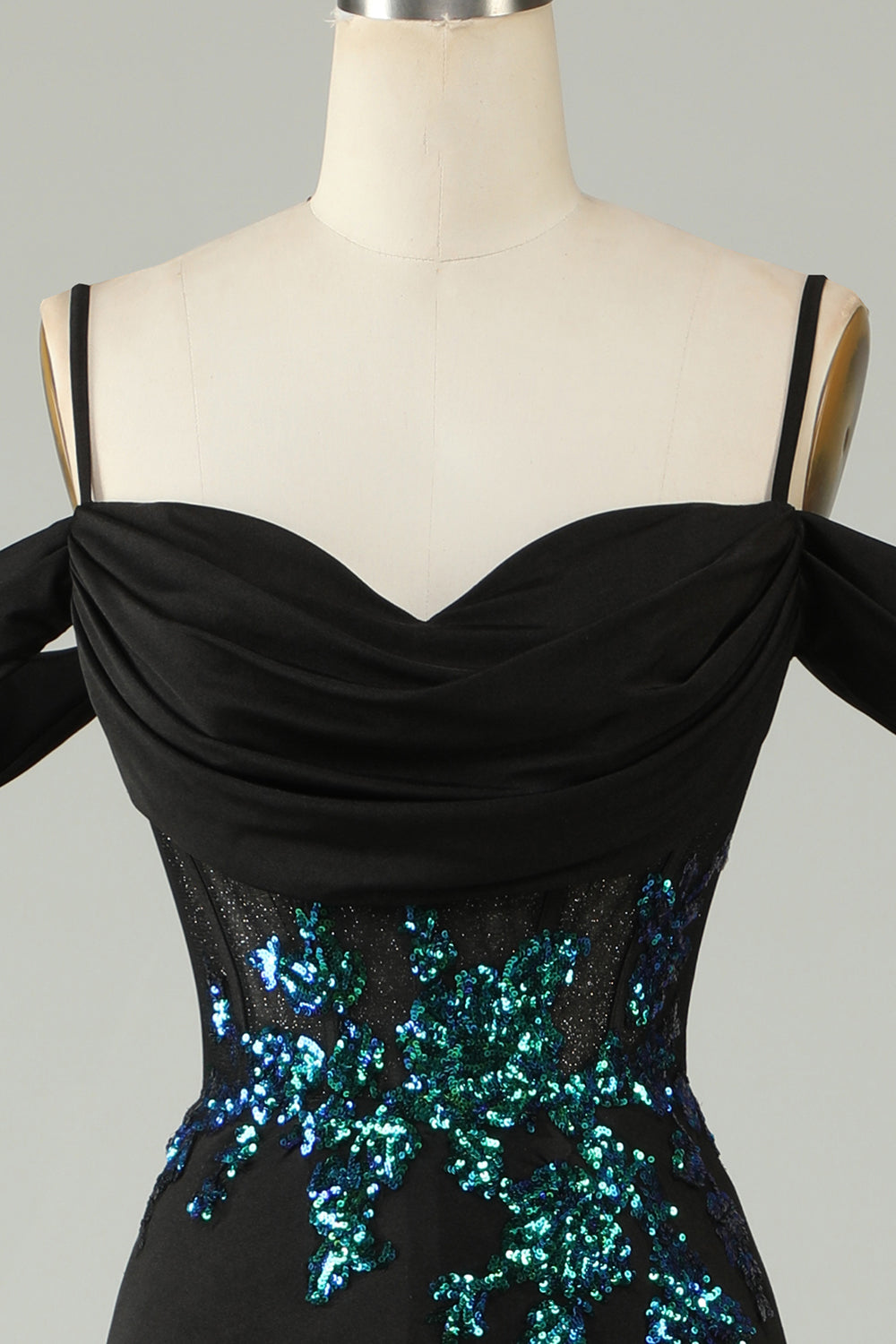 Cold Shoulder Black Sequins Corset Long Ball Dress