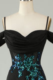 Cold Shoulder Black Sequins Corset Long Ball Dress