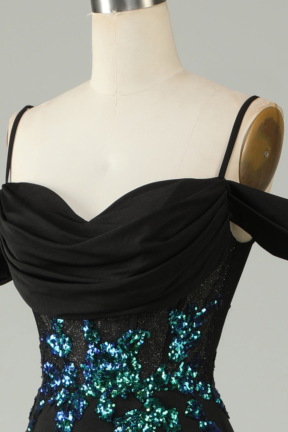 Cold Shoulder Black Sequins Corset Long Ball Dress